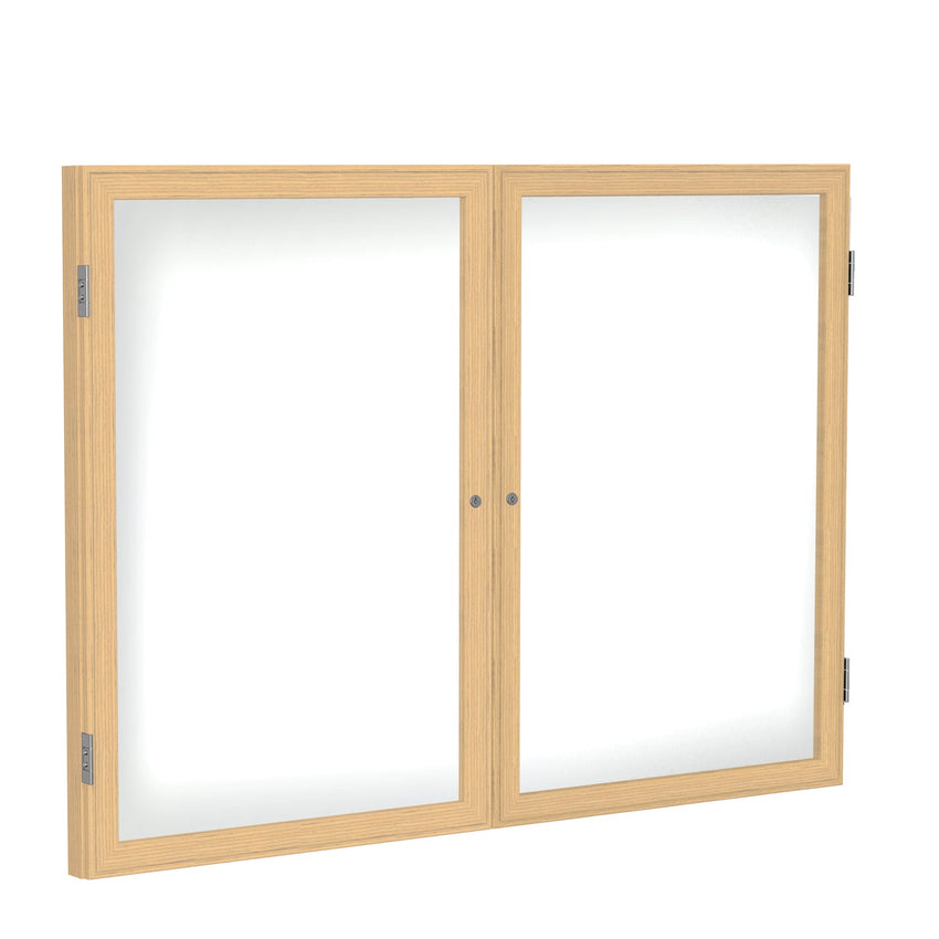 Ghent 2 Door Enclosed Porcelain Whiteboard, Magnetic, Oak Wood Frame, 3'H x 4'W (GHE - PW23648M - M1) - SchoolOutlet