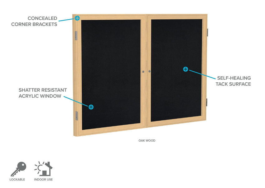 Ghent 2 Door Enclosed Recycled Rubber Bulletin Board, Oak Wood Frame, 3'H x 4'W (GHE - PW23648TR - XX) - SchoolOutlet