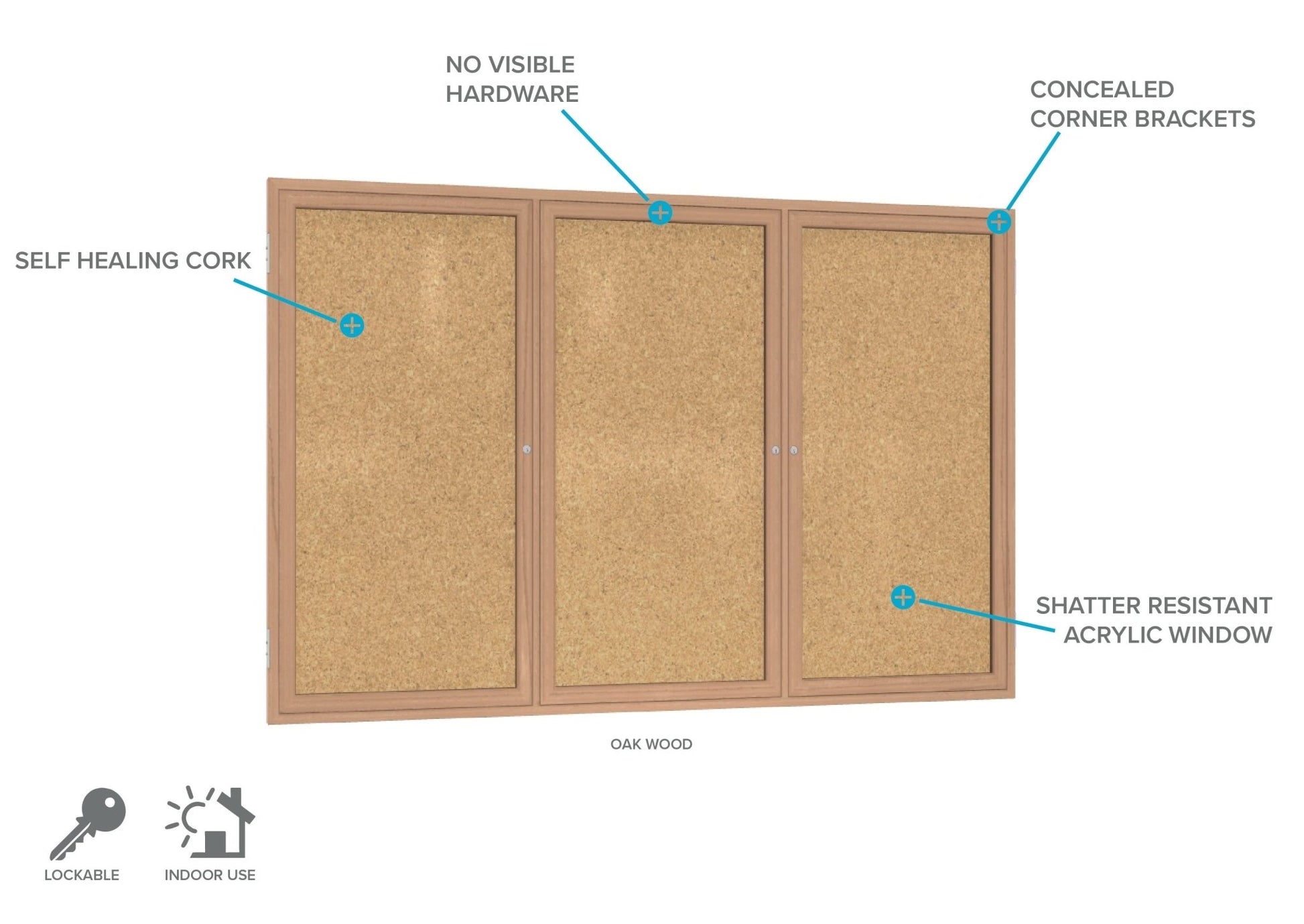 Ghent 3 Door Enclosed Natural Cork Bulletin Board, Oak Wood Frame, 3'H x 6'W (GHE - PW33672K) - SchoolOutlet