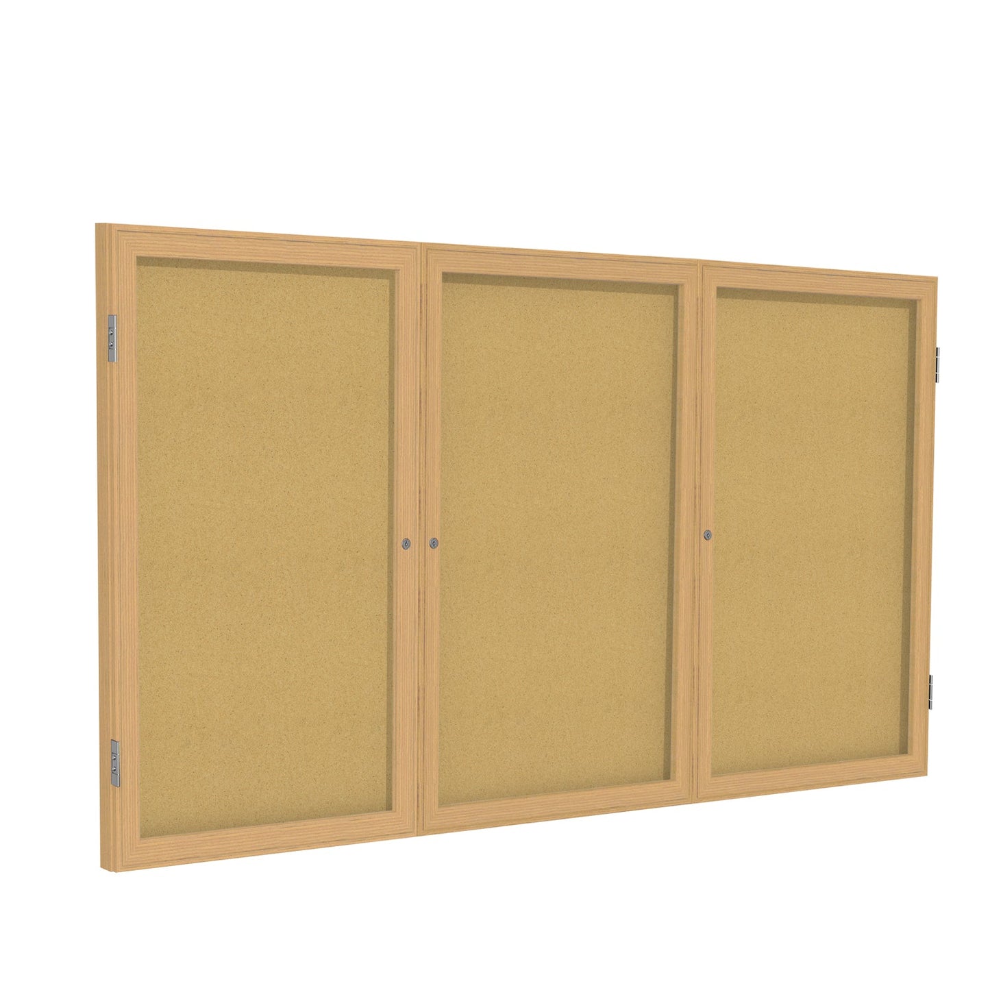 Ghent 3 Door Enclosed Natural Cork Bulletin Board, Oak Wood Frame, 3'H x 6'W (GHE - PW33672K) - SchoolOutlet