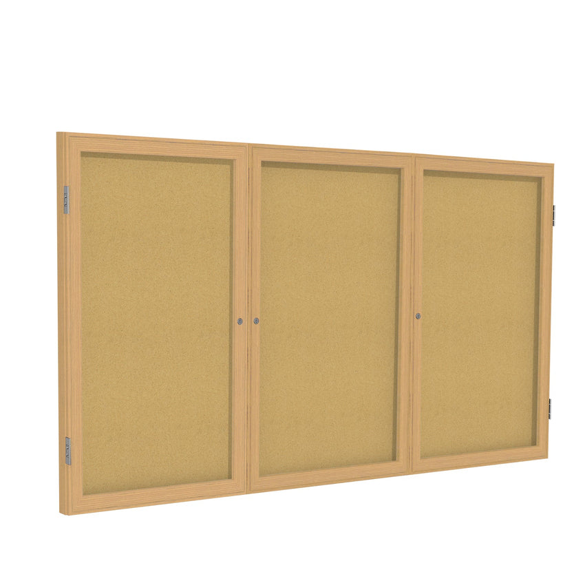 Ghent 3 Door Enclosed Natural Cork Bulletin Board, Oak Wood Frame, 3'H x 6'W (GHE - PW33672K) - SchoolOutlet