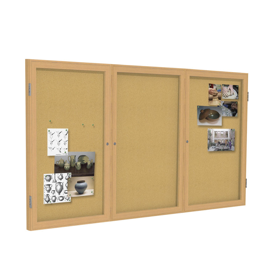 Ghent 3 Door Enclosed Natural Cork Bulletin Board, Oak Wood Frame, 3'H x 6'W (GHE - PW33672K) - SchoolOutlet