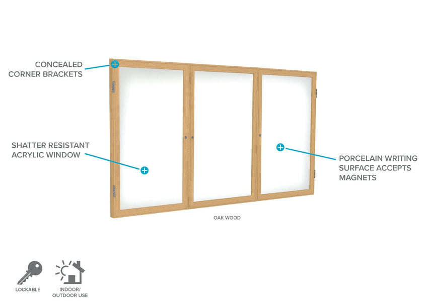 Ghent 3 Door Enclosed Porcelain Whiteboard, Magnetic, Oak Wood Frame, 3'H x 6'W (GHE - PW33672M - M1) - SchoolOutlet