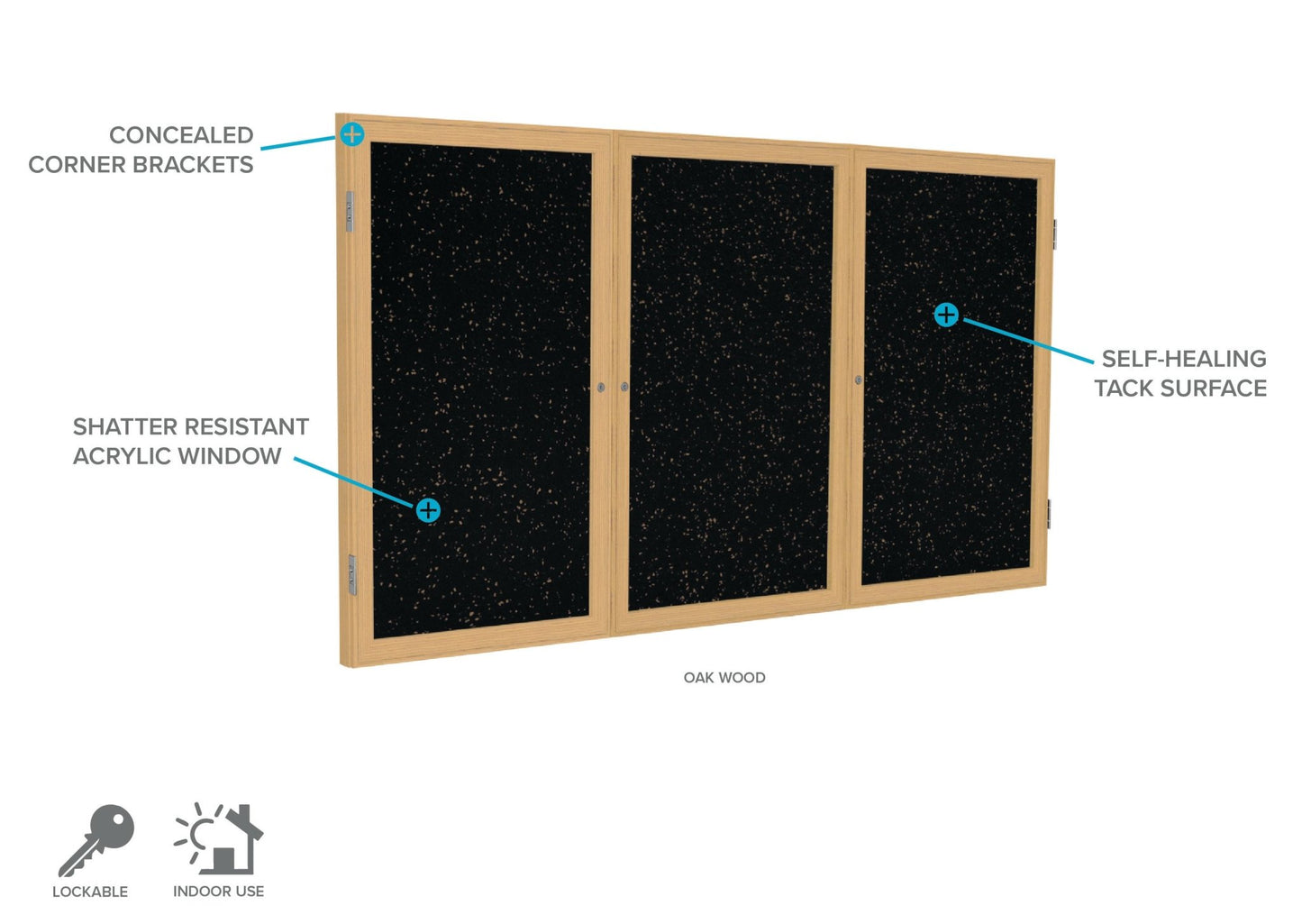 Ghent 3 Door Enclosed Recycled Rubber Bulletin Board, Oak Wood Frame, 3'H x 6'W (GHE - PW33672TR - XX) - SchoolOutlet