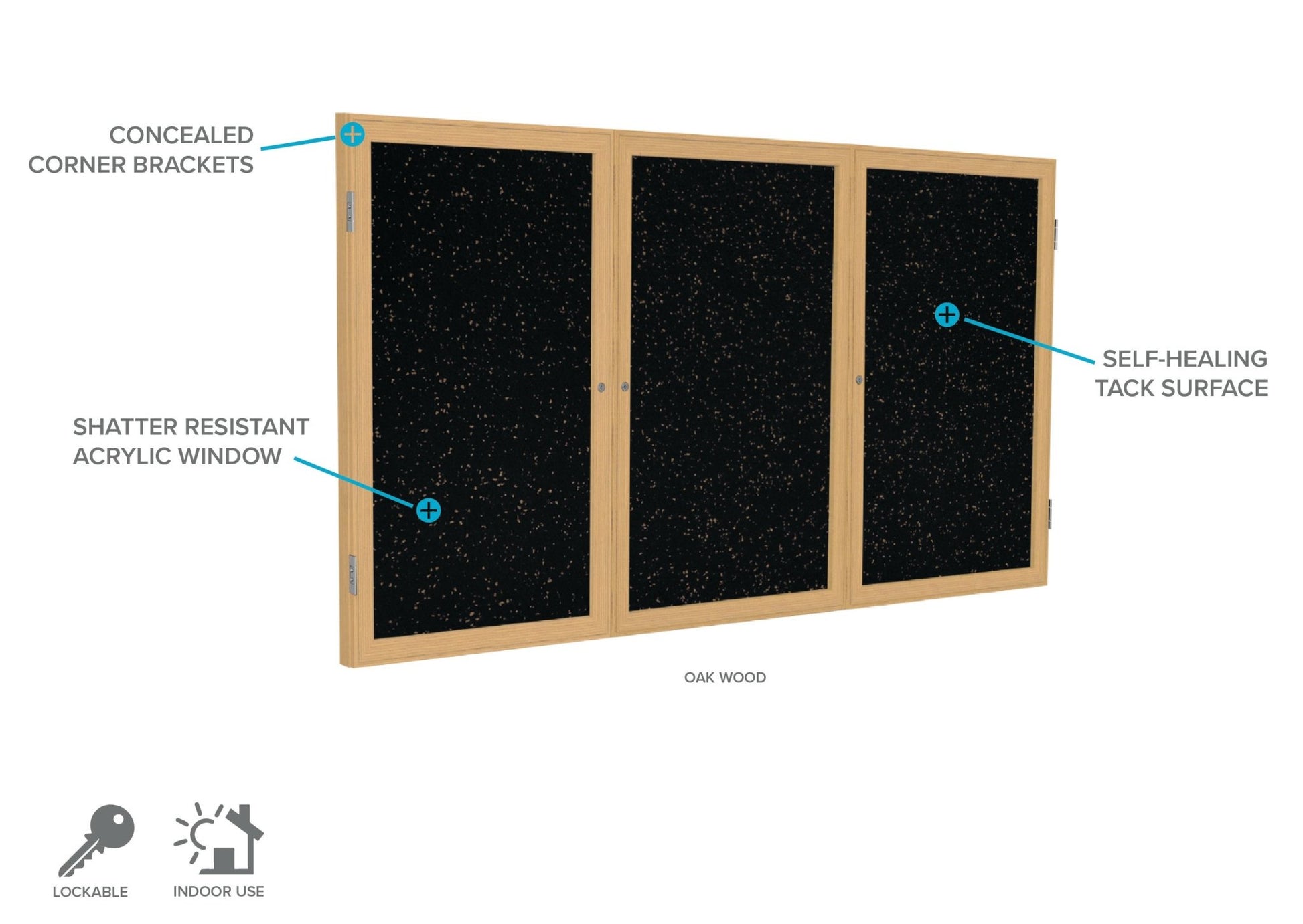 Ghent 3 Door Enclosed Recycled Rubber Bulletin Board, Oak Wood Frame, 3'H x 6'W (GHE - PW33672TR - XX) - SchoolOutlet