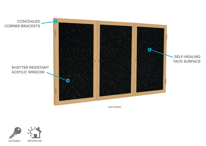 Ghent 3 Door Enclosed Recycled Rubber Bulletin Board, Oak Wood Frame, 3'H x 6'W (GHE - PW33672TR - XX) - SchoolOutlet