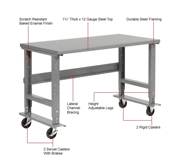 Global Industrial Mobile Workbench, 60"W x 36"D, Adjustable Height, Steel Square Edge (GLB - 183153A) - SchoolOutlet