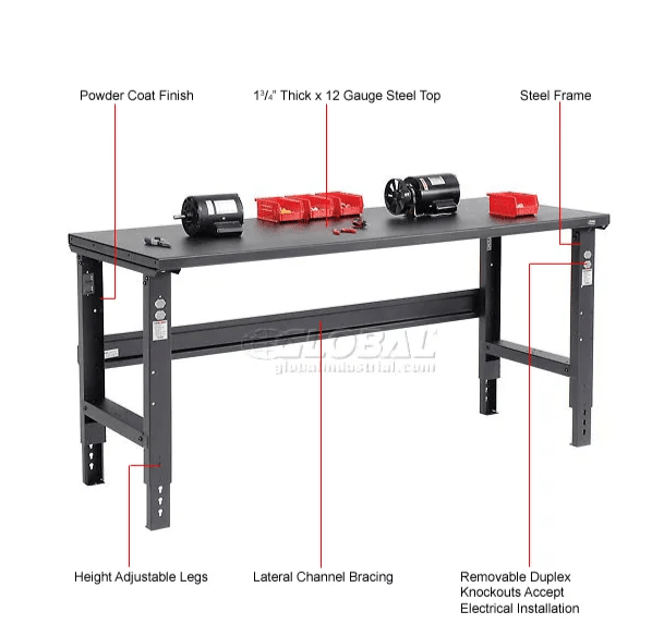 Global Industrial Adjustable Height Workbench, 72"W x 30"D, Steel Square Edge, Black (GLB - 183154BK) - SchoolOutlet