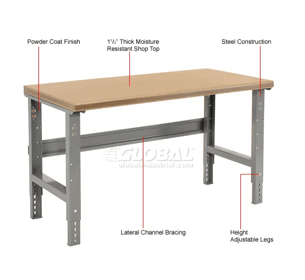 Global Industrial Adjustable Height Workbench, 72"W x 36"D, Shop Top Safety Edge, Gray (GLB - 183986) - SchoolOutlet