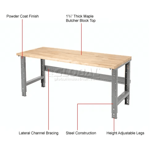 Global Industrial Adjustable Height Workbench, 72"W x 30"D, Maple Butcher Block Safety Edge, Gray (GLB - 183988) - SchoolOutlet
