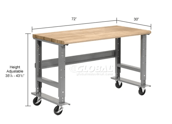 Global Industrial Mobile Workbench, 72"W x 30"D, Adjustable Height, Maple Safety Edge (GLB - 183988A) - SchoolOutlet
