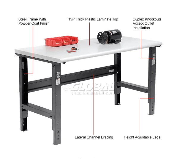 Global Industrial Adjustable Height Workbench, 60"W x 30"D, Laminate Safety Edge, Black (GLB - 183990BK) - SchoolOutlet