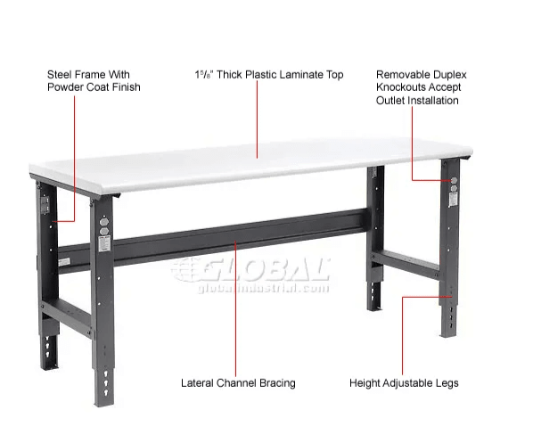 Global Industrial Adjustable Height Workbench, 72"W x 30"D, Laminate Safety Edge, Black (GLB - 183991BK) - SchoolOutlet