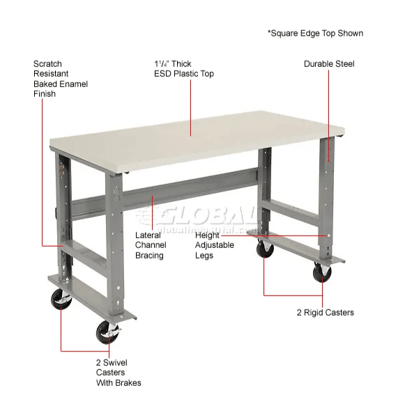 Global Industrial 48 x 30 Mobile Adjustable Height C - Channel Leg Workbench - ESD Safety Edge (GLB - 237346A) - SchoolOutlet