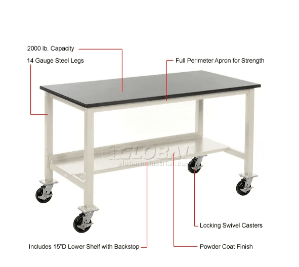 Global Industrial Mobile Production Workbench w/ Laminate Safety Edge Top, 60"W x 30"D, Tan (GLB - 237375ATN) - SchoolOutlet