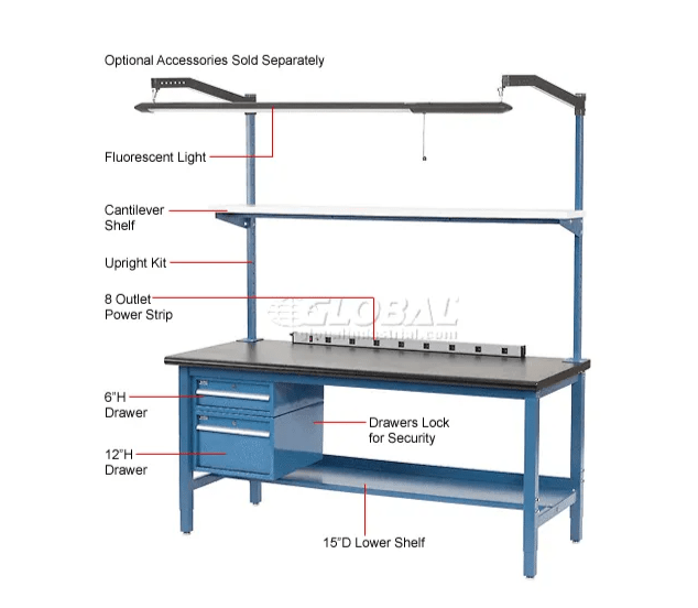 Global Industrial 60 x 30 Adjustable Height Workbench Square Tube Leg, Phenolic Resin Safety Edge Blue (GLB - 237383LBL) - SchoolOutlet
