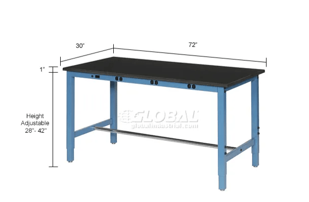Global Industrial Adjustable Lab Workbench, 72" x 30", Power Apron, Phenolic Safety Edge, Blue (GLB - 237385B) - SchoolOutlet