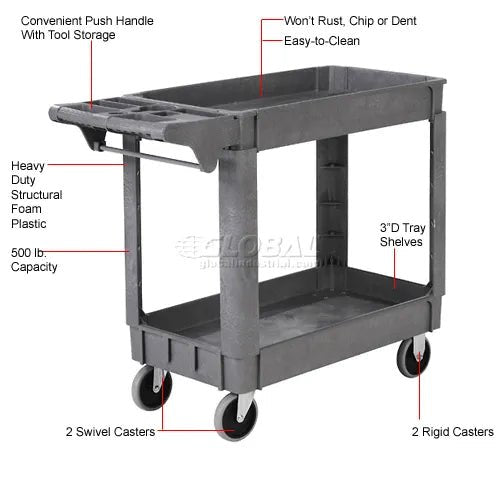 Global Industrial Utility Cart w/2 Shelves & 5" Casters, 500 lb. Capacity, 40"L x 17"W x 33"H (GLB - 242080) - SchoolOutlet