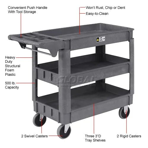 Global Industrial Utility Cart w/3 Shelves & 5" Casters, 500 lb. Capacity, 40"L x 17"W x 33"H (GLB - 242083) - SchoolOutlet