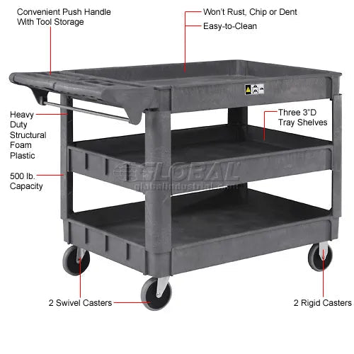 Global Industrial Utility Cart w/3 Shelves & 5" Casters, 500 lb. Capacity, 46"L x 25"W x 33"H (GLB - 242086) - SchoolOutlet