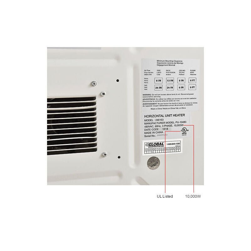 Global Industrial Unit Heater, Horizontal or Vertical Downflow, 10KW, 480V, 3 Phase (GLB - 246103) - SchoolOutlet
