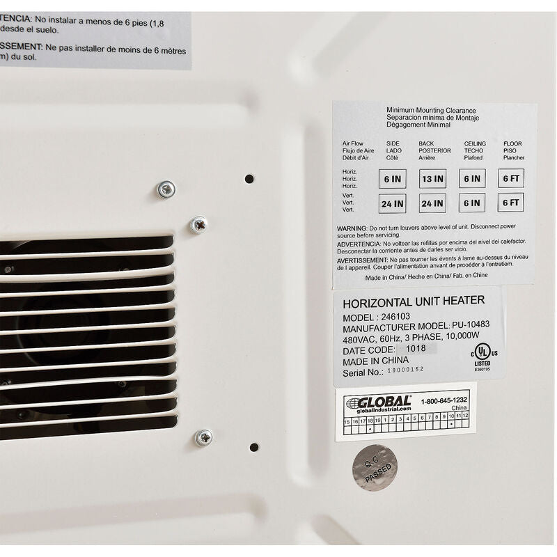 Global Industrial Unit Heater, Horizontal or Vertical Downflow, 10KW, 480V, 3 Phase (GLB - 246103) - SchoolOutlet