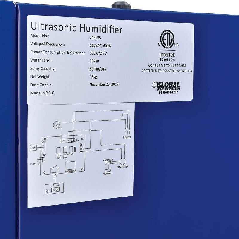 Global Industrial Ultrasonic Humidifier - Cool Mist, 300 Pints Output Per Day (GLB - 246137) - SchoolOutlet