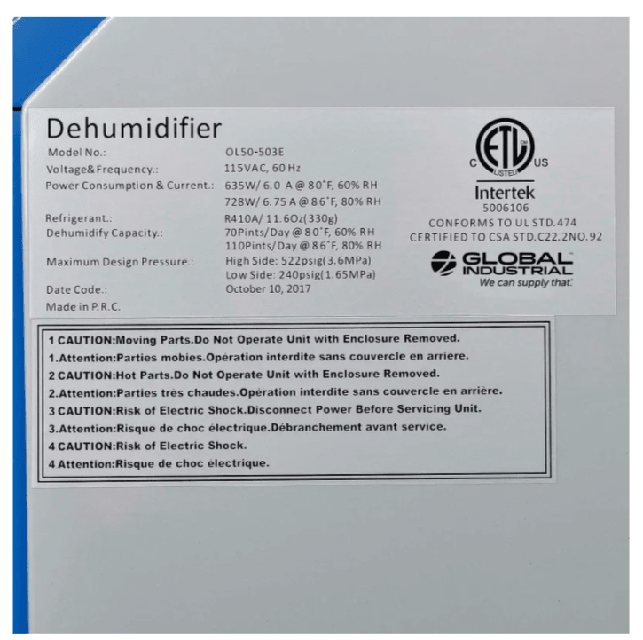Global Industrial Commercial Dehumidifier w/ Humidistat, 115V, 110 Pints (GLB - 246687) - SchoolOutlet