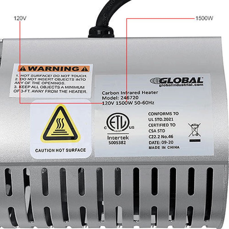 Global Industrial Infrared Patio Heater w/ Remote Control, Wall/Ceiling Mount, 1500W, 30 - 3/4"L (GLB - 246720) - SchoolOutlet