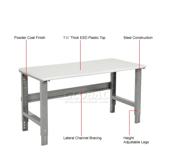 Global Industrial 60"W x 30"D Adjustable Height Workbench C - Channel Leg - ESD Safety Edge Gray (GLB - 250225) - SchoolOutlet