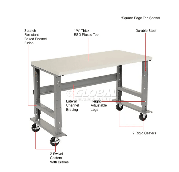 Global Industrial 72 x 30 Mobile Adjustable Height C - Channel Leg Workbench - ESD Safety Edge (GLB - 250226A) - SchoolOutlet