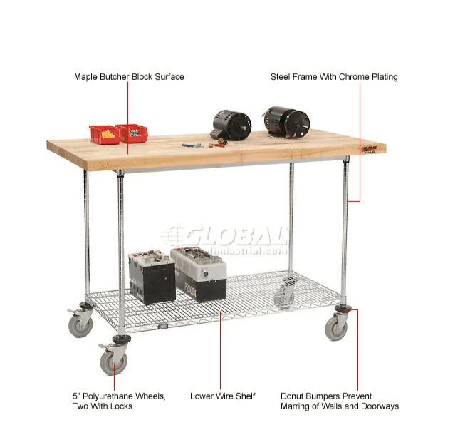 Global Industrial Chrome Wire Mobile Workbench, 60"W x 30"D, Maple Butcher Block Square Edge (GLB - 252321) - SchoolOutlet