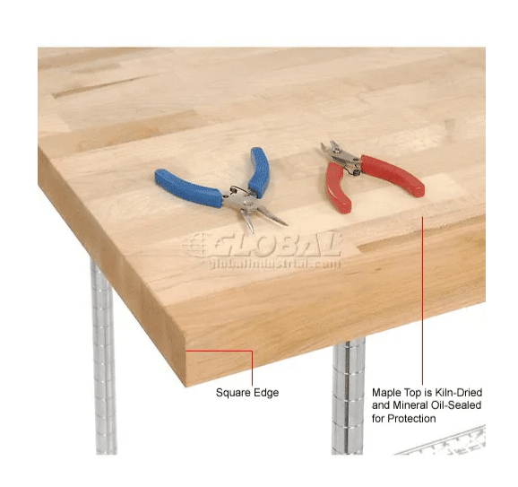 Global Industrial Chrome Wire Mobile Workbench, 60"W x 30"D, Maple Butcher Block Square Edge (GLB - 252321) - SchoolOutlet