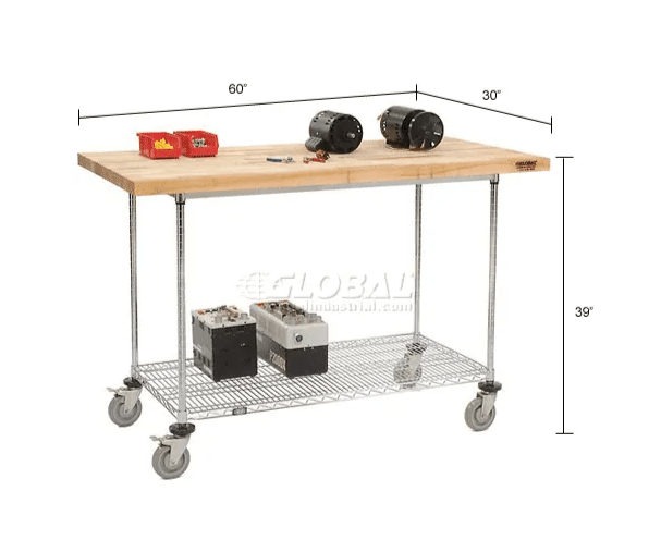 Global Industrial Chrome Wire Mobile Workbench, 60"W x 30"D, Maple Butcher Block Square Edge (GLB - 252321) - SchoolOutlet