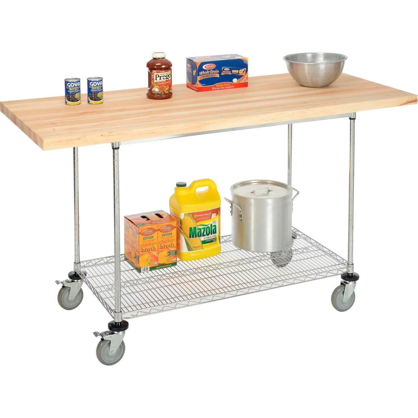 Global Industrial Chrome Wire Mobile Workbench, 72"W x 30"D, Maple Butcher Block Square Edge (GLB - 252324) - SchoolOutlet