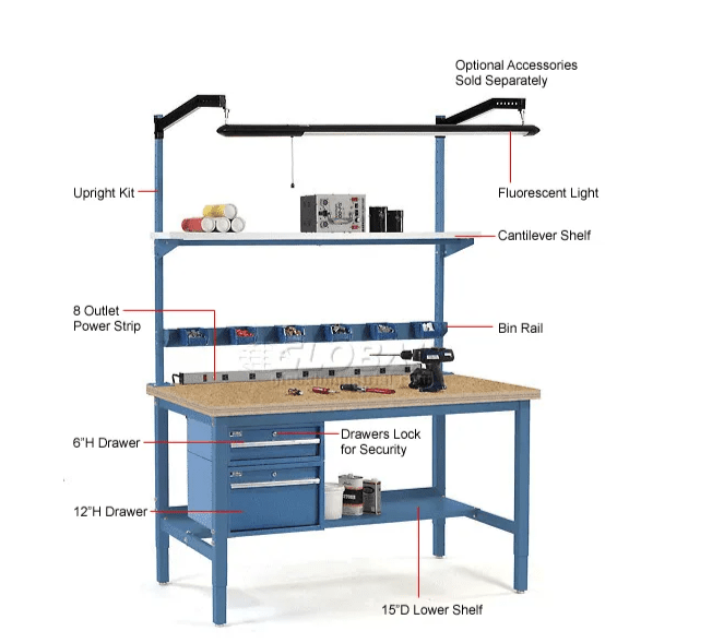 Global Industrial 48"W x 30"D Adjustable Height Workbench Square Tube Leg, Shop Top Safety Edge Blue (GLB - 253842BL) - SchoolOutlet