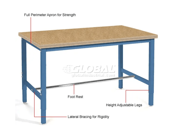Global Industrial 60"W x 30"D Adjustable Height Workbench Square Tube Leg, Shop Top Safety Edge Blue (GLB - 253843BL) - SchoolOutlet