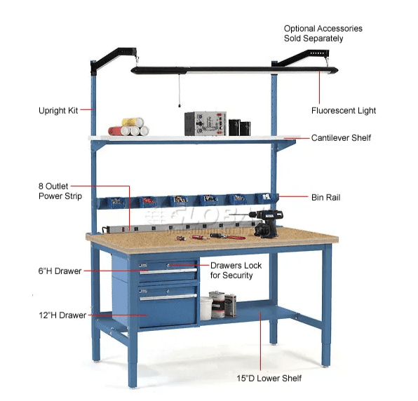 Global Industrial 60"W x 30"D Adjustable Height Workbench Square Tube Leg, Shop Top Safety Edge Blue (GLB - 253843BL) - SchoolOutlet