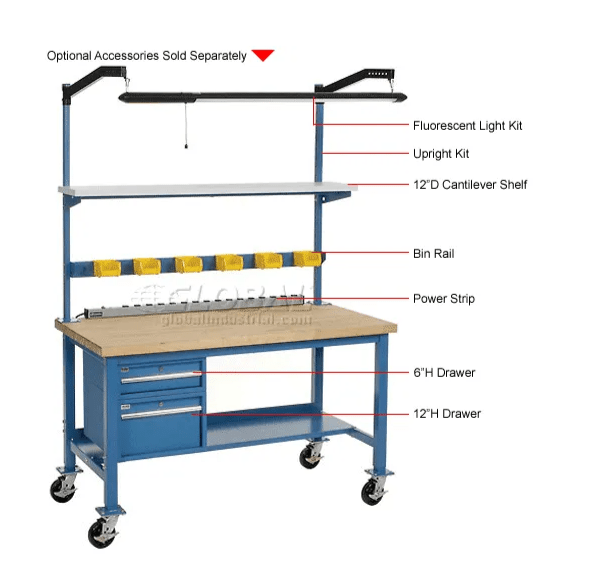 Global Industrial Mobile Workbench, 72"W x 30"D, Square Tubular Leg, Maple Safety Edge, Blue (GLB - 253990BL) - SchoolOutlet