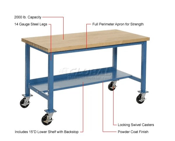 Global Industrial Mobile Workbench, 72"W x 30"D, Square Tubular Leg, Maple Safety Edge, Blue (GLB - 253990BL) - SchoolOutlet