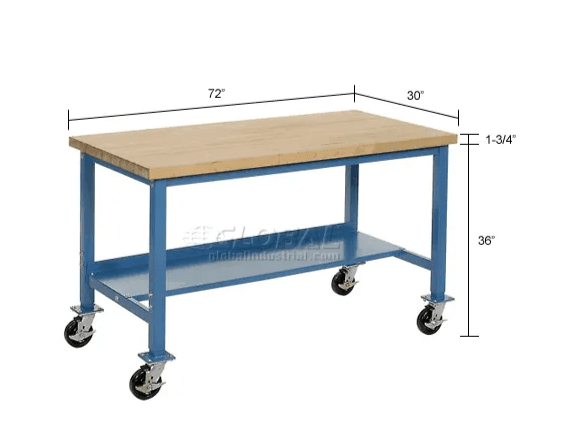 Global Industrial Mobile Workbench, 72"W x 30"D, Square Tubular Leg, Maple Safety Edge, Blue (GLB - 253990BL) - SchoolOutlet