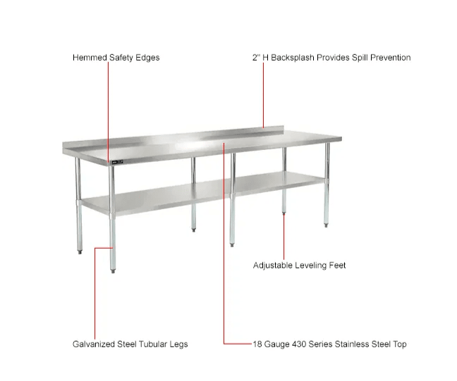 Global Industrial 430 Stainless Steel Table, 96"W x 30"D, Undershelf, 2" Backsplash (GLB - 319062) - SchoolOutlet