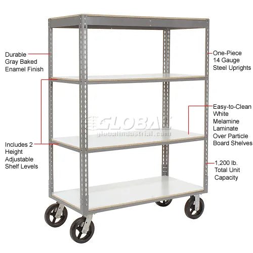 Global Industrial Boltless Shelf Truck w/4 Shelves & Rubber Casters, 48"L x 24"W x 68"H, Gray (GLB - 330423) - SchoolOutlet