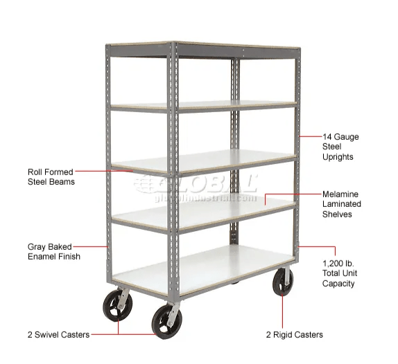 Global Industrial Boltless Shelf Truck w/4 Shelves & Rubber Casters, 60"L x 24"W x 68"H, Gray (GLB - 330429) - SchoolOutlet