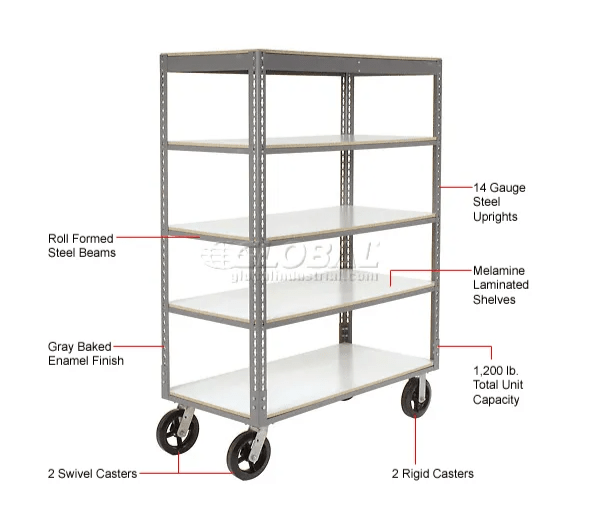 Global Industrial Boltless Shelf Truck w/5 Shelves & Rubber Casters, 60"L x 24"W x 68"H, Gray (GLB - 330432) - SchoolOutlet