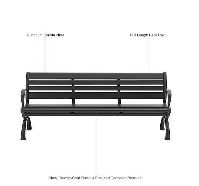 Global Industrial 6' Aluminum Park Bench w/ Backrest, Black (GLB - 436978BK) - SchoolOutlet