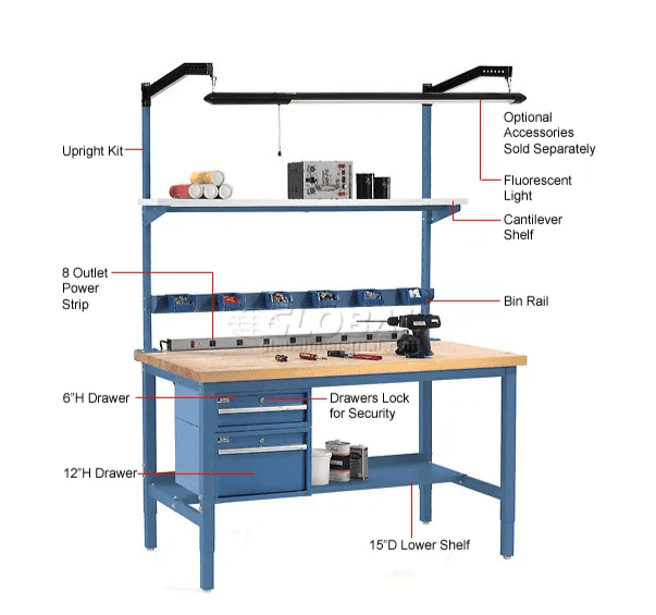 Global Industrial 72"W x 30"D Adjustable Height Workbench Square Tube Leg - Maple Safety Edge Blue (GLB - 607008BL) - SchoolOutlet