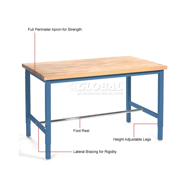 Global Industrial 72"W x 30"D Adjustable Height Workbench Square Tube Leg - Maple Safety Edge Blue (GLB - 607008BL) - SchoolOutlet