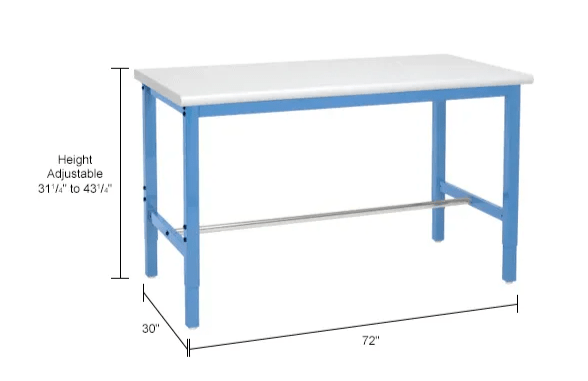 Global Industrial 72"W x 30"D Adjustable Height Workbench Square Tube Leg - ESD Safety Edge - Blue (GLB - 607267BL) - SchoolOutlet