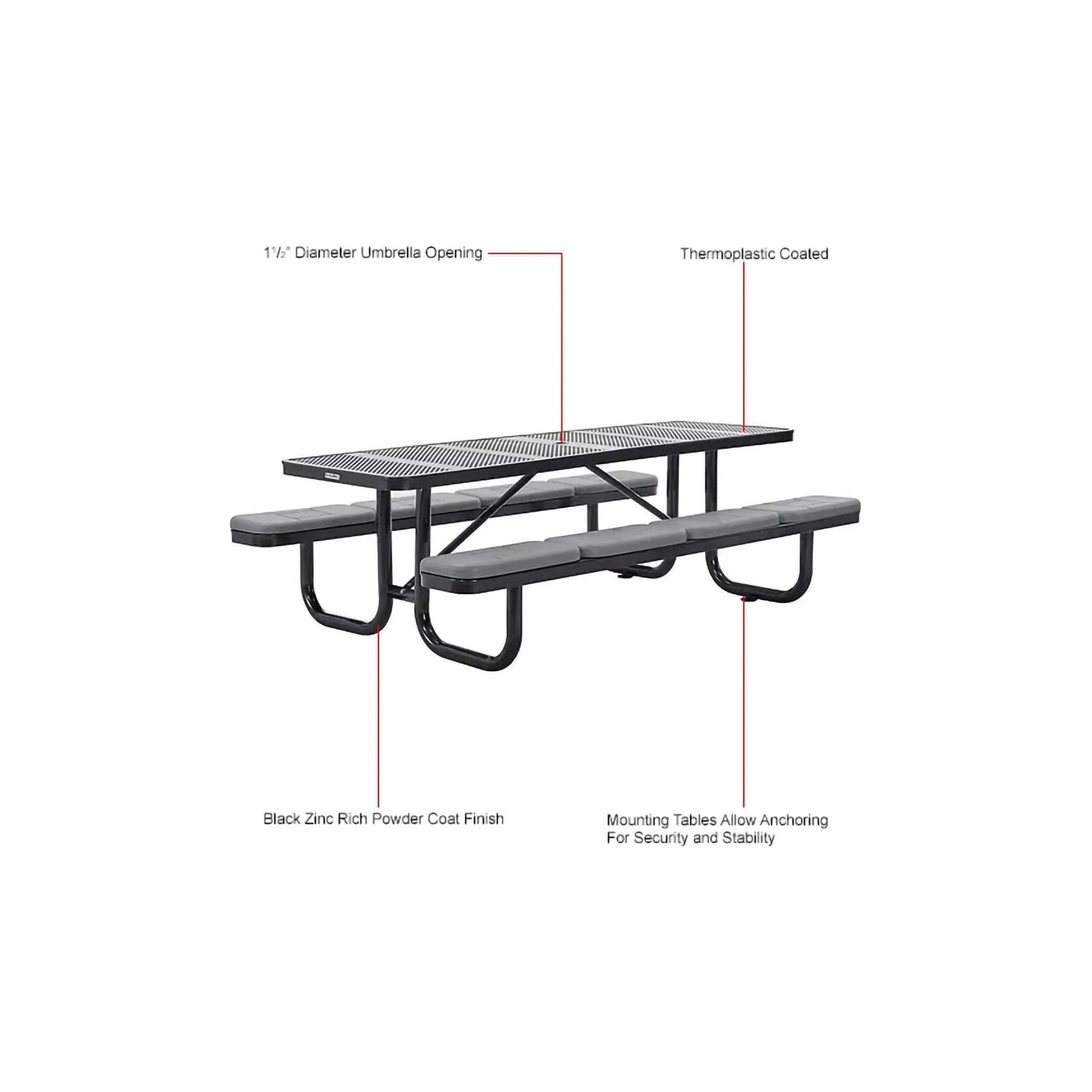 Global Industrial 8' Rectangular Picnic Table w/ Seat Cushions, Perforated Metal, Black (GLB - 694555BKS) - SchoolOutlet
